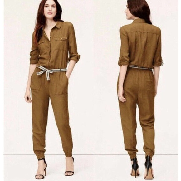 LOFT Pants - Ann Taylor LOFT Linen Blend Utility Mustard Yellow Roll Tab Sleeve Jumpsuit S